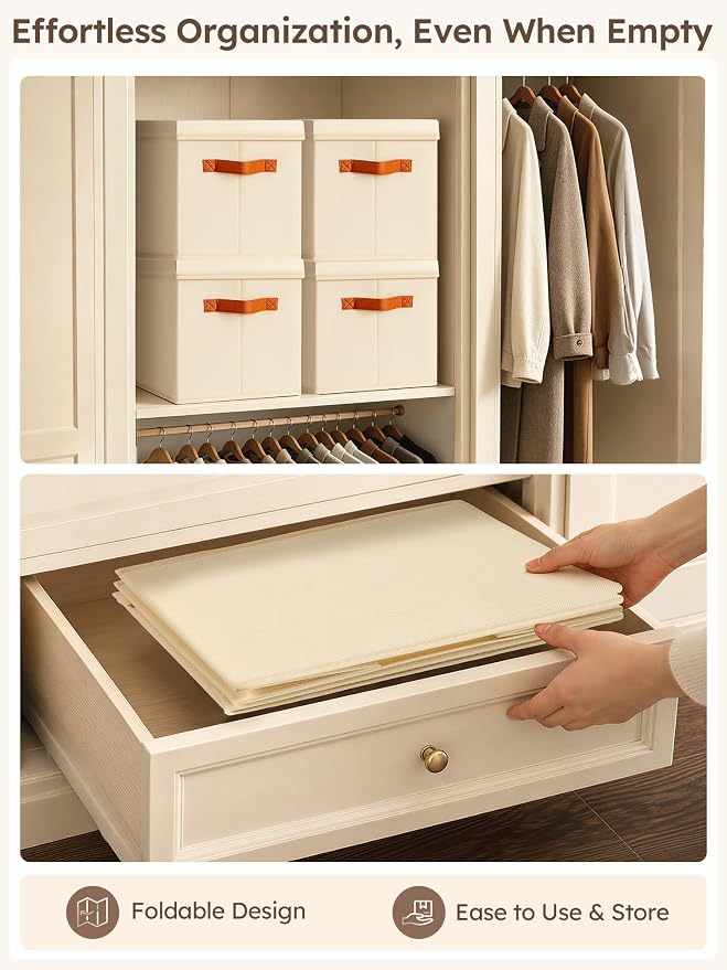 Storage Bins with Lids - Fabric Storage Baskets for Shelves, 6 Pack Foldable Decorative Boxes with Handles, Stackable Organizer Bins for Home, Nursery, Dorm, Beige