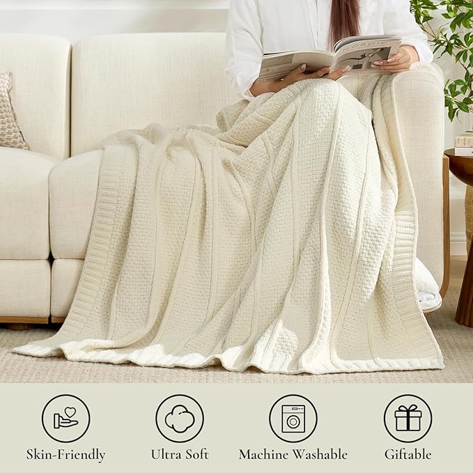 Amélie Home Premium Chenille Throw Blanket, Soft Cozy Moss Stitch Knit Blanket for Couch, Sofa, Chair, Home Decor, Ivory 50"x60"