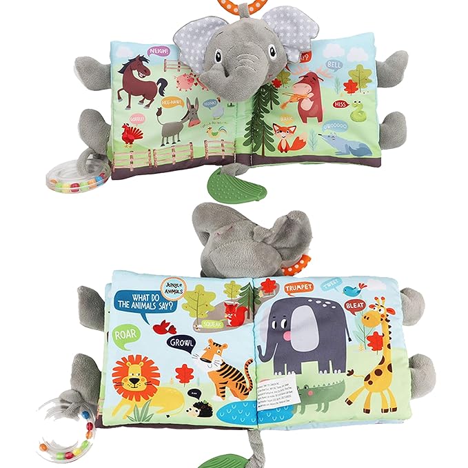Elephant Touch and Feel Baby Books Toys 0-6 Months, Loveys Crinkle Books for Babies,Infant Toys 6-12-18 Months 1-2 Year Old, Baby Shower Easter Gifts Soft Cloth Book Teething Rattle for Boys Girls