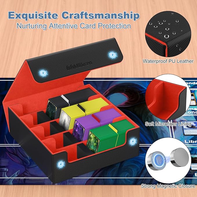 Mlikero Card Deck Case, 2400+ Trading Card Storage Box with 10 Colorful Dividers and 4 Foam Stoppers, Leather Magnetic Closure Commander Deck Box Fit for MTG, TCG (4 Rows, Black&Red)