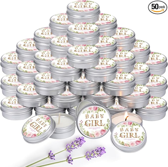 MTLEE 50 Pcs Baby Girl Shower Scented Candles Gift Travel Tin Candle Aromatherapy Candle Favors for Baby Shower Favors Wedding Gifts Compound Scent Essential Oil 1.57 x 0.67''
