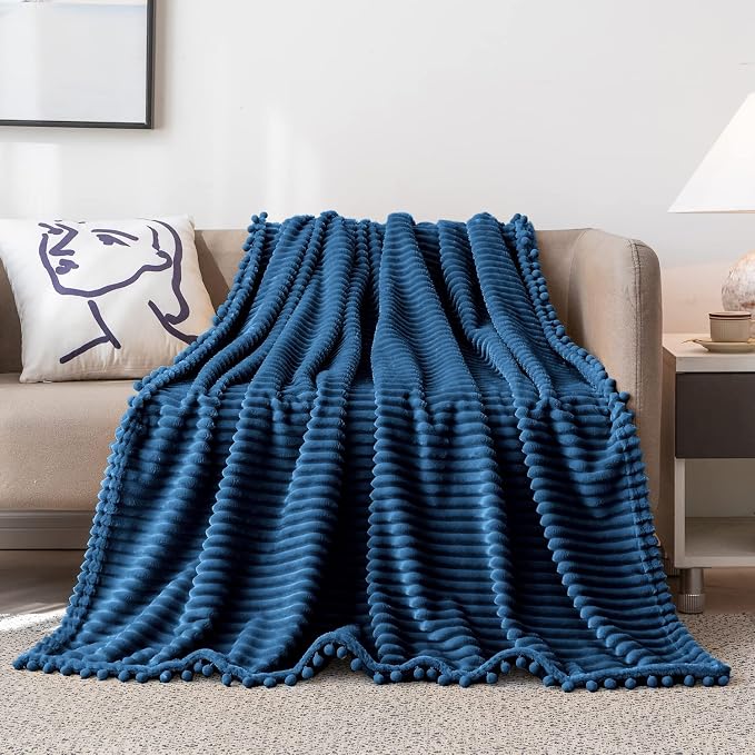 DISSA Fleece Blanket Twin Size – 60x80, Blue - Soft, Plush, Fluffy, Fuzzy, Warm, Cozy – Perfect Throw for Couch, Bed, Sofa - with Pompom Fringe - Flannel Blanket