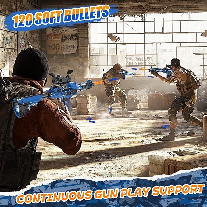 Automatic Toy Foam Blaster with Scope, Electric Toy Gun Dart Blaster with 120 Foam Darts for Guns, Goggles, Air Pocket Technology Outdoor Shooting Game Kids Toys for 8-12 Year Old Boys Girls - Blue