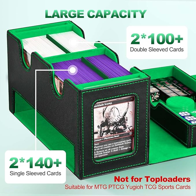 UAONO Card Deck Box for MTG, Double Card Storage Box with 2 Commander Display & 1 Dice Tray, Fits 200+ Double Sleeved Cards, Organizer for CCG TCG Sports Cards (Black Green)