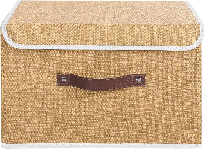 ANMINY Fabric Storage Box Bins with Lids, Khaki, 15"x10"x10" | Keepsake Memory Storage, Cotton Linen, PP Board Reinforced, Washable, PU Handles, Foldable & Stackable, Decorative, Large