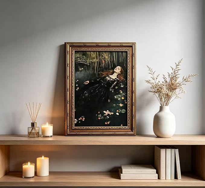 Vintage Gold Framed Ophelia Wall Art,Victorian Gothic Oil Painting Canvas Print,Classic Dark Academia Aesthetic Wall Decor,Antique Woman Portrait Picture,Moody Floral Poster Artwork,for Living Bedroom