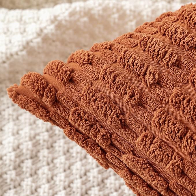 MIULEE Fall Decorative Throw Pillow Covers 18x18 Dark Rust Pack of 2 | Terracotta Soft Corduroy Boho Striped Pillow Covers Modern Farmhouse Autumn Home Decor For Sofa Living Room Couch Bed