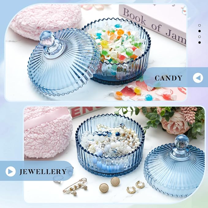 Tioncy 2 Pcs Extra Large Dusting Powder Puff and Container for Women-6'' Glass Crystal Dusting Powder Container with Body Soft Washable Reusable Velour Face(Blue,Classic)