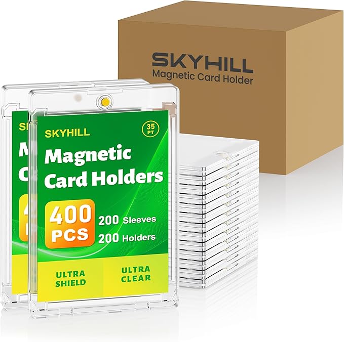 Skyhill 200ct Magnetic Card Holders, 35pt Acrylic One Touch Card Holder with Extra 200 Penny Card Sleeves, 0.18" Ultra Slim Hard Plastic Card Protectors for Trading Cards, Sports, Game Cards