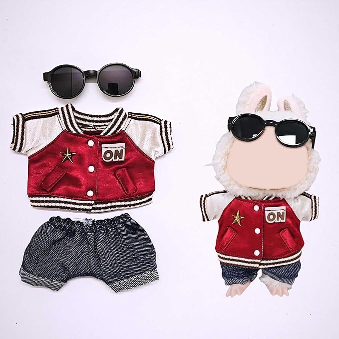 Doll Outfit Set for 17cm Dolls, 4 Piece Clothes Set for Labubu, Premium Fashion Clothes for Labubu Dolls Accessories Suit,Baseball Jacket+Jeans+Canvas Shoes+Glasses