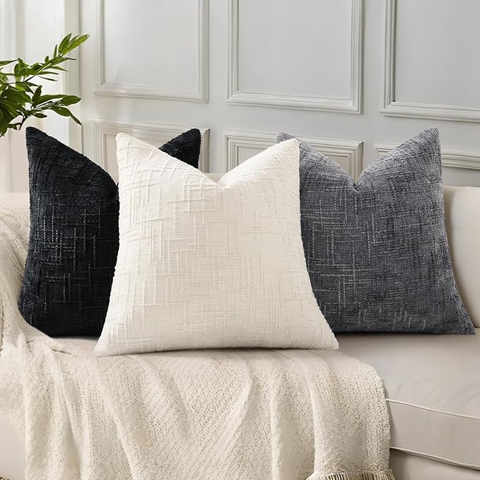 decorUhome Textured Chenille Throw Pillow Covers 16x16 Set of 2 Black | Fall Modern Farmhouse Soft Cozy Slubby Couch Pillow Cases Boho Decorative Pillow Cases for Bed Sofa Living Room Home Decor