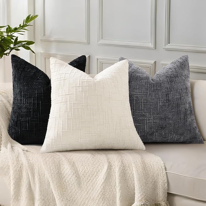 decorUhome Textured Chenille Throw Pillow Covers 18x18 Set of 2 Black | Fall Modern Farmhouse Soft Cozy Slubby Couch Pillow Cases Boho Decorative Pillow Cases for Bed Sofa Living Room Home Decor