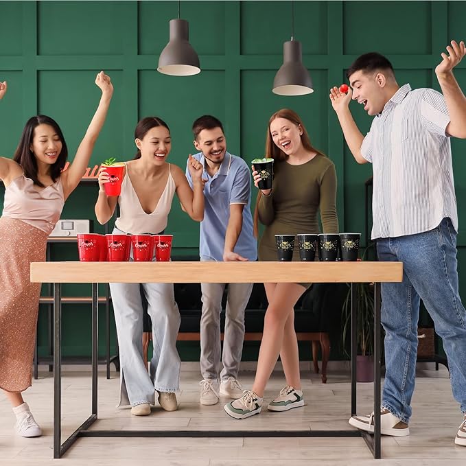 60PCS Pong Game Set, 16 Oz Disposable Plastic Party Cups for Cup Pong Games, College Parties & Graduation Celebrations - Red & Black