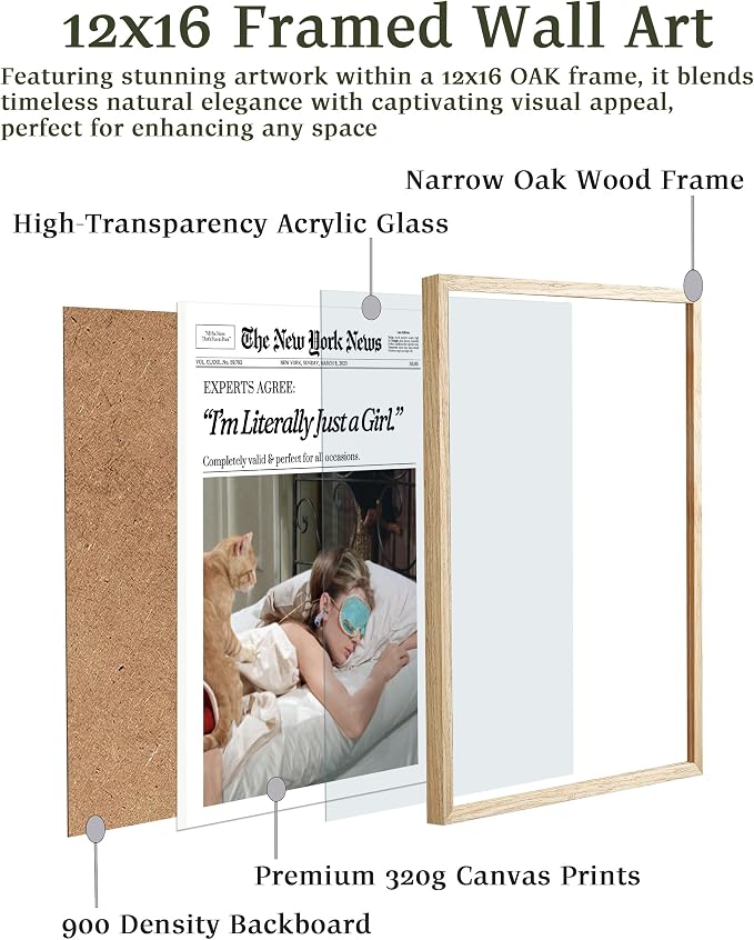 EcoHest 12x16 in Audrey Hepburn I'm Literally Just a Girl Framed Wall Art | Natural Oak Wood Frame with Canvas Wall Art, Vintage Newspaper Wall Decor for Bedroom, Bathroom, Apartment, Dorm Room, 1Pack