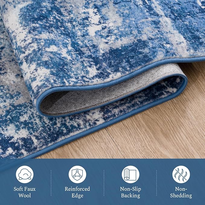 Rugflix 5x7 Area Rugs for Living Room, Washable Blue Grey Large Rug | Machine Washable; Stain-Resistant; Low Pile; Non-Slip; Modern Abstract; Carpet for Bedroom Dining Office Nursery Home