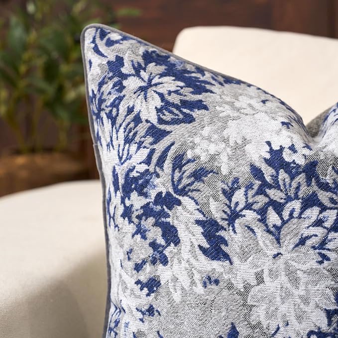 Neutral Floral Pillow Cover 18 x18 Inches, Vintage Chenille Square Throw Pillow Cover Soft Decorative Farmhouse Accent Couch Pillow Cover for Living Room Bedroom, Blue