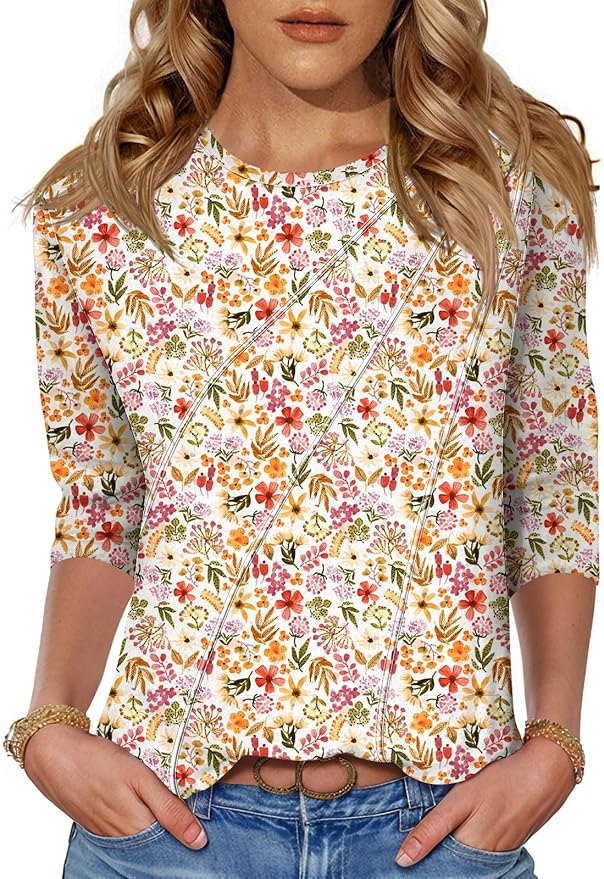LOMON 3/4 Length Sleeve Womens Tops Spring Summer Fashion 2026 Tops Crew Neck Pleated Shirts Tunic Top Loose Fit