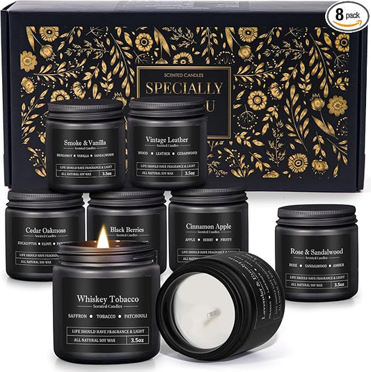 8 Pack Scented Candles for Men, Masculine Candle Gift Set with Smoky & Woody Scents, Soy Wax Aromatherapy Candles for Home, Birthday Gift for Him, Boyfriend, Spring Candles