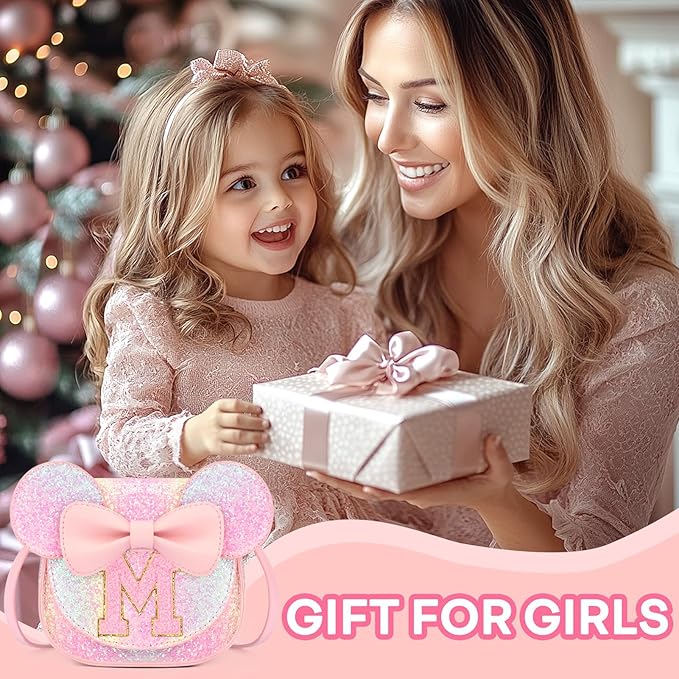 mibasies Toddler Purse Girl Gifts: Girls Birthday Gifts for 3-8 - Toys for Ages 2-4 Girls Mouse Ears Purse, Glitter Rainbow, Letter M