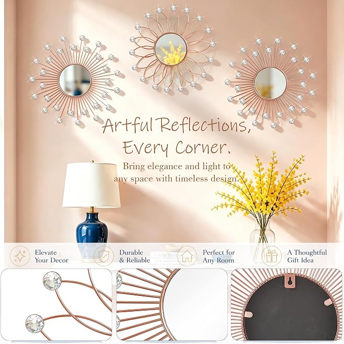 3 Pack Metal Mirrors for Wall Sunburst Wall Mirrors Home Décor Decorative Hanging Wall Art for Living Room Bedroom Entryway (Rose Gold2 Crystal, Flower+Sunburst)
