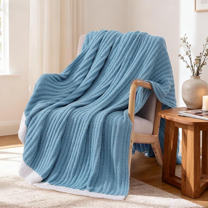 Soft Twin Blanket for Bed-Cozy Warm Reversible Knitted Blankets | Lightweight Fluffy Decor for Women, Mom, Her & Girls, Sofa, Chair, Couch, 60x80in, Blue