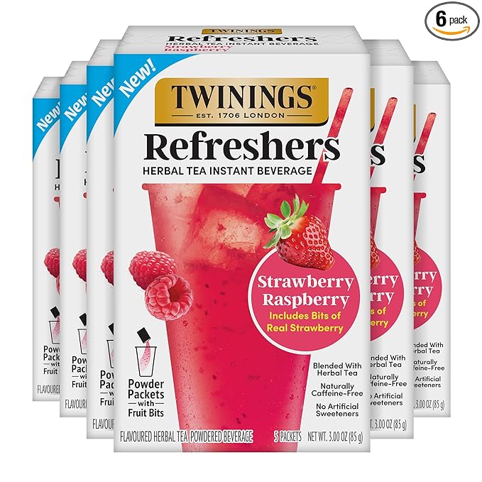 Twinings Strawberry Raspberry Refreshers, Herbal Tea Instant Beverage with Real Strawberry Fruit Bits, 5 Count (Pack of 6), Café Style, No Artificial Sweeteners, Naturally Caffeine-Free, 30 Packets