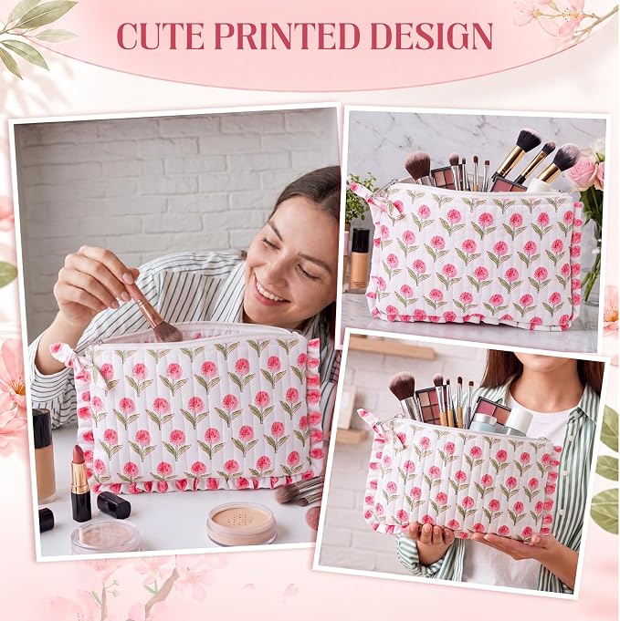 Gilprop Floral Makeup Bag 7" Cotton Cosmetic Bag for Women Large Makeup Pouch with Ruffles Aesthetic Flowers Travel Toiletry Organizer for Spatulas Brushes Skincare Gifts (Pink)