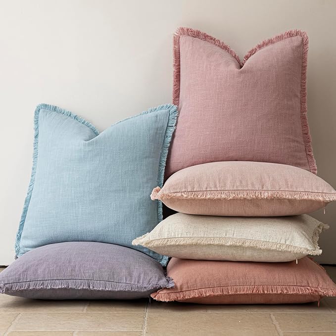 Foindtower Set of 2 Decorative Linen Fringe Throw Pillow Covers Cozy Boho Farmhouse Cushion Cover with Tassels Soft Accent Pillowcase for Couch Sofa Bed Living Room Home Decor,22×22 Inch,Rose Pink