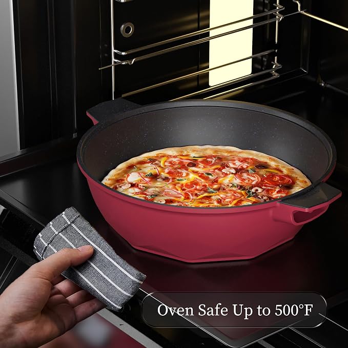 TIBORANG 11 Inch Nonstick Frying Pan with Lid,8-in-1 Multipurpose Cookware | 5 Qt Deep Sauté Pan Skillet with Steamer, PFOA-Free, Dishwasher & Oven Safe, Induction Compatible, Stay-Cool Handle,Ruby Red
