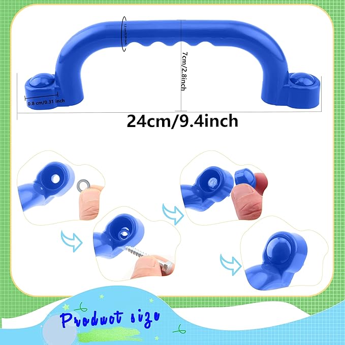 4-Piece Kids Playground Safety Handles - Plastic, Blue, Smooth Finish - Grab Handle Bars for Outdoor Playset, Backyard Playhouse, Tree House, Jungle Gym