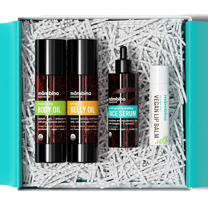 Mambino Organics Bun in the Oven Kit - Pregnancy Skin Care Set with Body Oil, Belly Oil, Lip Balm & Face Serum - Maternity Essentials, Pregnancy Must-Haves - 5 Piece Set + Free Bag