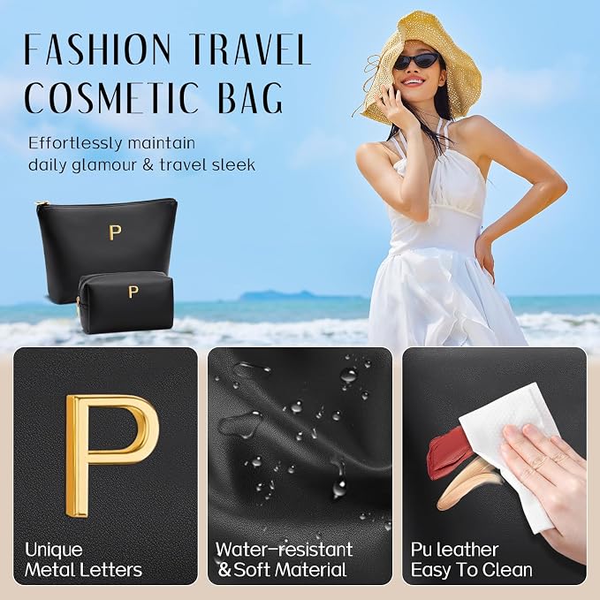 Women Gifts | Initial Makeup Bag for Girl Personalized Gifts for Bridesmaid Friend PU Leather Cosmetic Travel Toiletry Bag(Black,P)