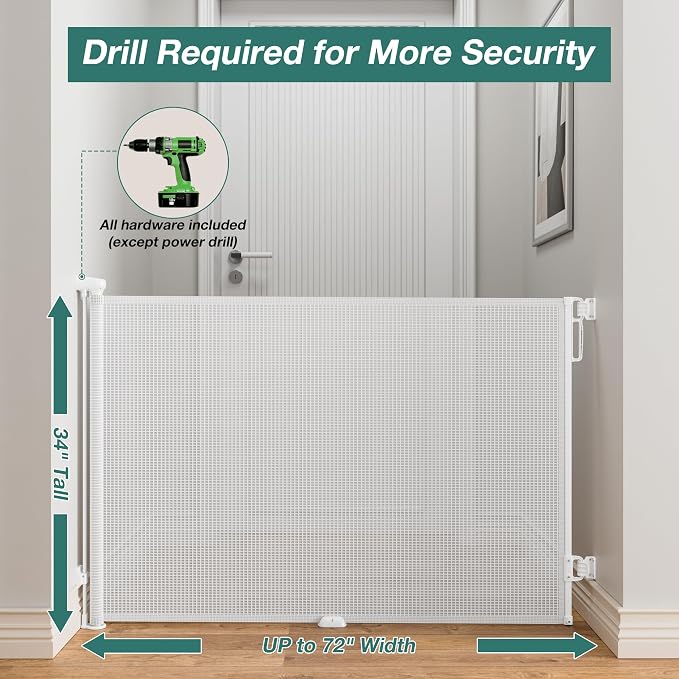 Babepai Retractable Baby Gates Extra Wide | 72" Wide x 34" Tall Dog Gates for Stairs | Indoor/Outdoor Use | Child Gates for Doorways, Deck, Porch, Hallways, Patio - White