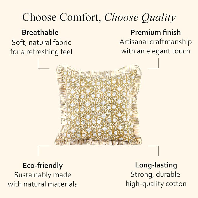 CPC Block Print Ruffle Throw Cover Mustard Regal 18"x18" Inch Pack of 2-100% Cotton Ruffle Couch Decorative Boho Pillows Case for Living Room, Bedroom, Sofa, Farmhouse Gift for Spring, Mother's Day