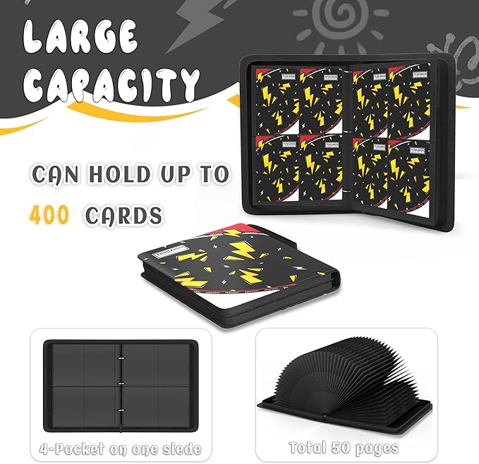 Trading Card Binder 4 Pocket,Card Binder 400 Pockets,Card Book Holder Cards with 50 Removable Sleeves,3-Ring Zip Design MTG/TCG/Sport Collectible Trading Card Albums Gifts for Boys and Girls (Black)
