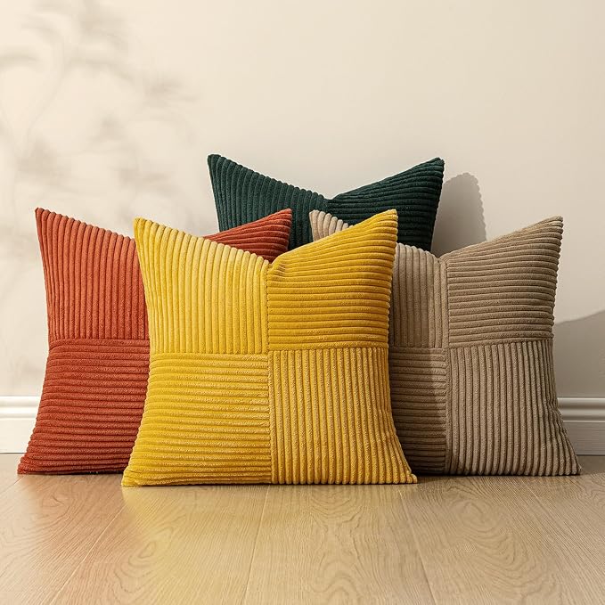 MIULEE Fall Green Rust Throw Pillow Covers 18x18 Inch Set of 4 Boho Farmhouse Soft Corduroy Striped Cushion Cases Decorative Color-Clash Home Decor for Couch Sofa Living Room Bed