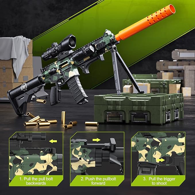 Toy Gun with Soft Bullets Shell Ejecting, Manual Foam Blasters Guns with 60 Bullets, Toy Gun Birthday Gift, Green