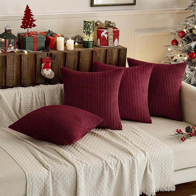 MIULEE Soft Corduroy Decorative Throw Pillow Covers Burgundy 18x18 | Set of 4, Mordern Nordic Christmas Decor, All Same Color Set, Boho Farmhouse Cushion Covers for Couch Bed Sofa Living Room