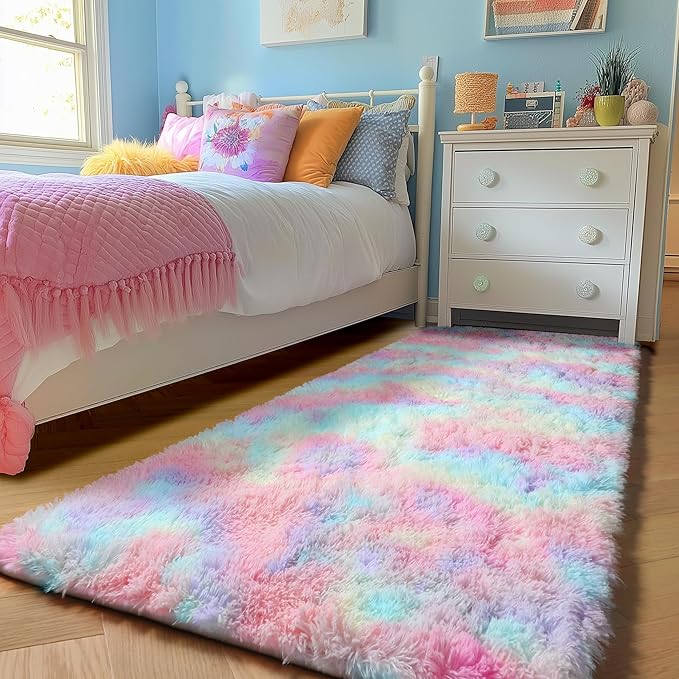 PAGISOFE Rainbow Runner Rugs for Girls Bedroom Plush Fluffy Hallway Rug 2x6 Ft,Kawaii Vibrant Carpet for Living Room, Non-Slip Indoor Princess Rugs for Nursery Kids Girls Room Home Decor Cute Colorful