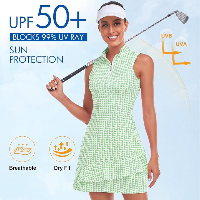 Viracy Tennis Dress for Women Sleeveless Golf Dresses with Shorts and Pockets Ruffle Zip Up Stand Collar Golf Outfits
