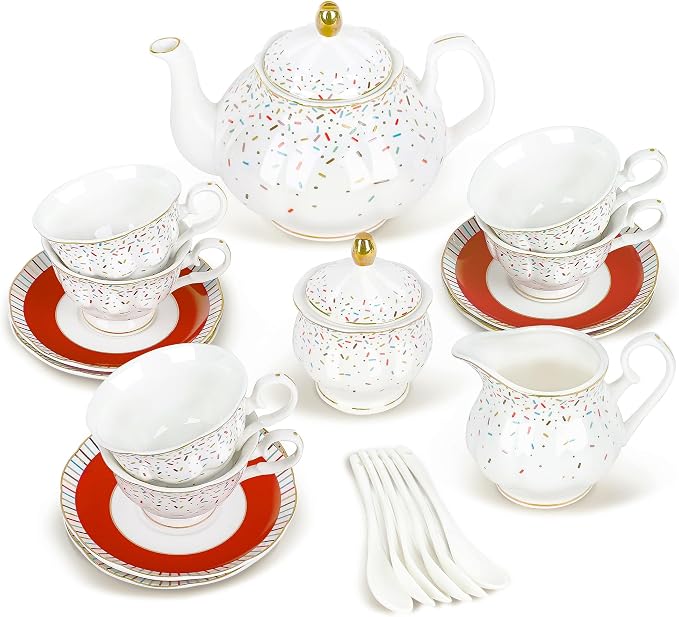 fanquare 21-Piece Colorful British Porcelain Tea Sets, 6 Cups and Saucers Set for Party, Rainbow Sprinkle Sugar Pattern Coffee Set for Adults, Birthday, Holiday, Celebrations