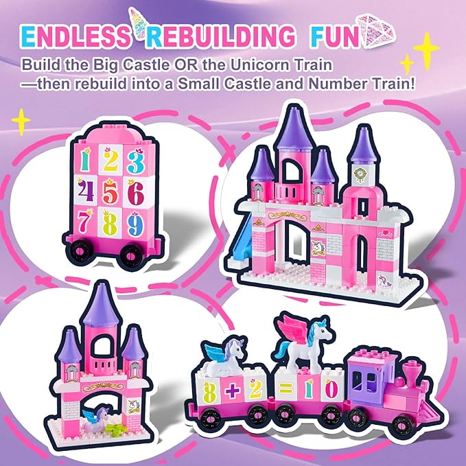 Classic Building Blocks for Toddlers - Compatible with Major Brands, Unicorn Theme Princess Castle & Number Trains Classic Bricks, Creative Educational Buildable Kits for Girls Boys Ages 3, 4, 5, 6-12