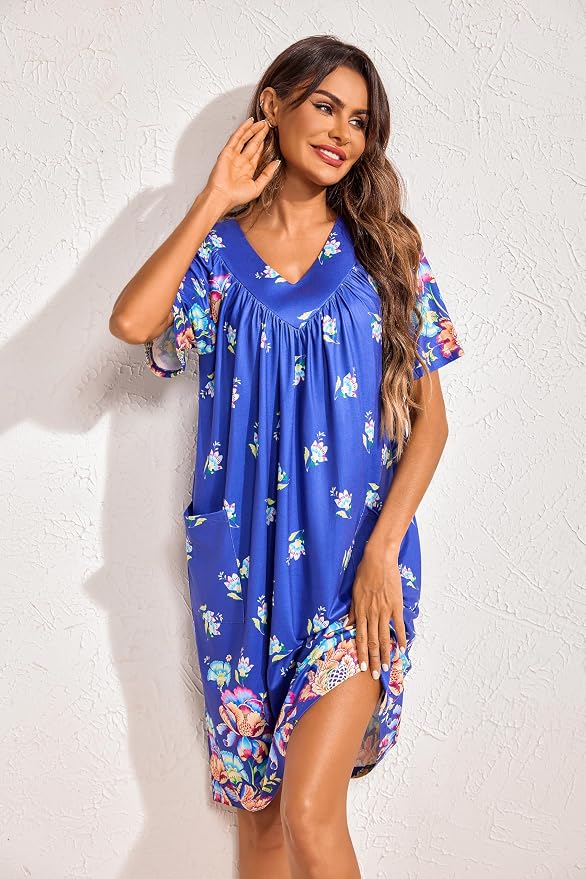 Ekouaer Womens House Dress Floral Print Nightgown with Pockets Mumu Dress