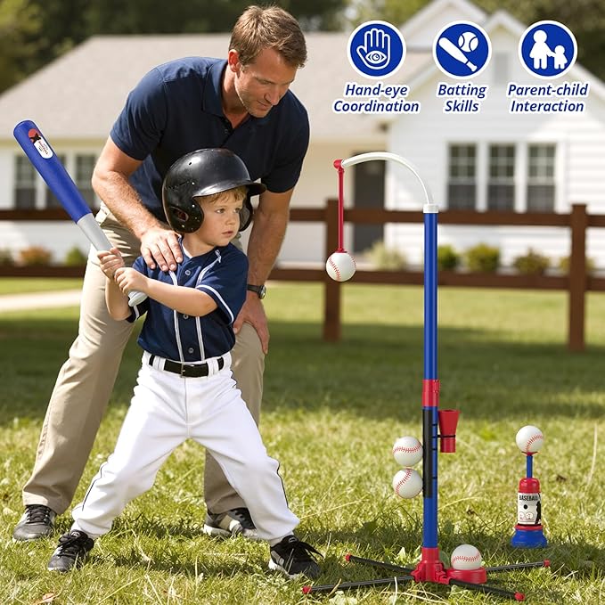 HYES 3-in-1 Baseball Set for Kids 3-5 - Tee Ball Stand, Hanging Tee, Ball Launcher and 6 Softballs - Adjustable Height, Indoor/Outdoor Sport Gifts for Boys Girls, Blue