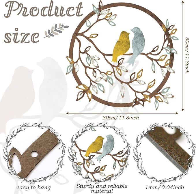 Ferraycle Metal Wall Art Bird on Tree Branch Silhouette Bird Hanging Ornament Porch Wall Decor for Living Room Outdoor Garden Bedroom Office Housewarming Party Decoration(Trendy Color)
