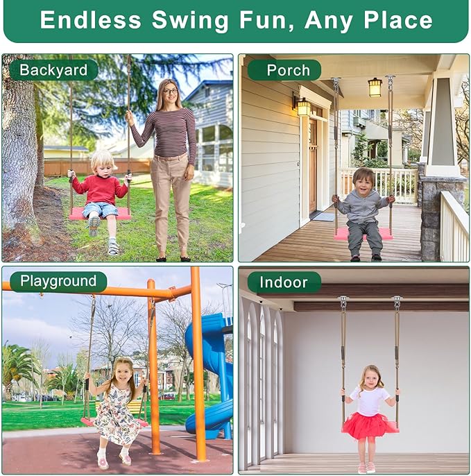 SELEWARE Heavy Duty Swing Seat with Adjustable Rope, 300lbs Capacity Non-Slip Plastic Tree Swing for Kids, Playground Swing Set Accessories Replacement with Snap Hooks for Indoor Outdoor Use (Pink)