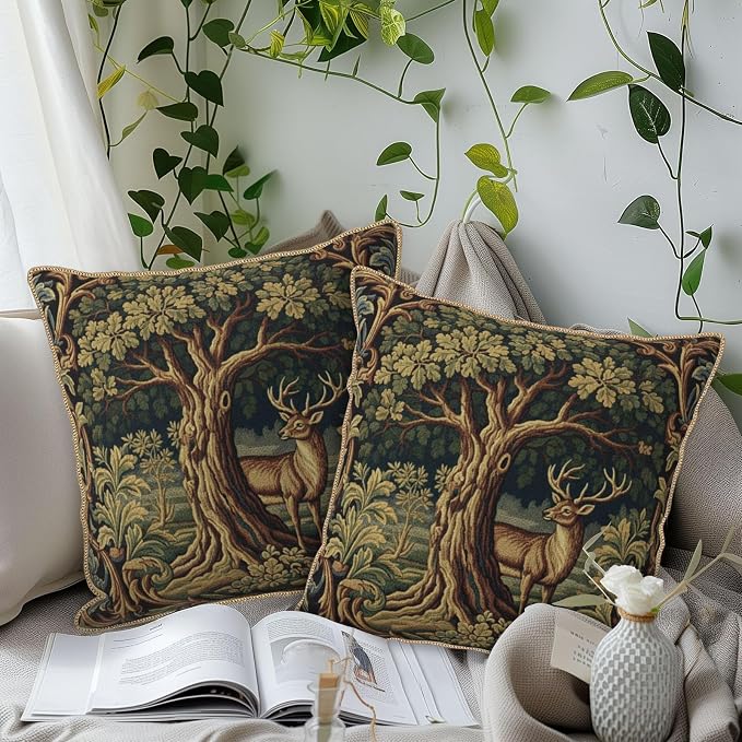 Vintage Green Deer Tree Velvet Pillow Covers 16x16 Inch Retro Reindeer Forest Throw Pillows for Couch Cushion Covers Pillowcase Boho Animal Farmhouse Pillow Cases for Sofa Bed Bedroom