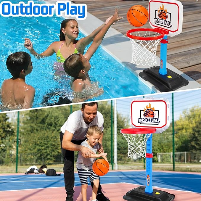 Toddler Basketball Indoor Toys for Age 3, Mini Adjustable Kids Basketball Hoops with Ball Pump Outdoor Pool Basketball Goal Sports Outside Play Toys for 3 year old Baby Boys Girls Birthday Gifts