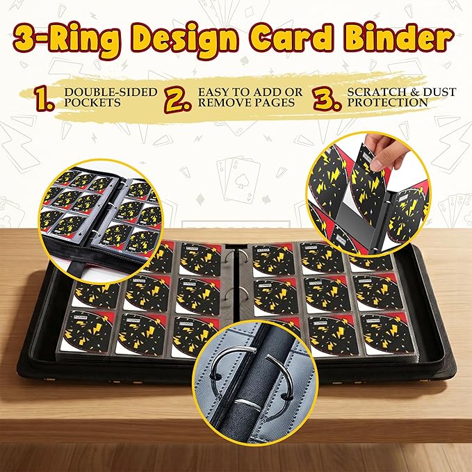 Card Binder for Pokemon Cards, 9 Pocket Trading Card Binder Holds 900 Cards with 50 Removable Sleeves, 3 Ring Zipper Card Holder Album Book Case for TCG, MTG, Sports Cards Collection, Boys Girls