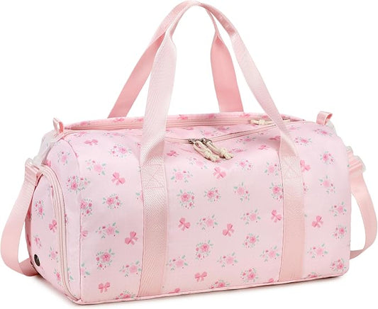 Gym Bag Sports Duffle Bags with Wet Pocket Weekender Overnight Bag with Shoe Compartment and Air Hole for Girls Kids Women Workout Travel Bags (Bow Flower-Pink)